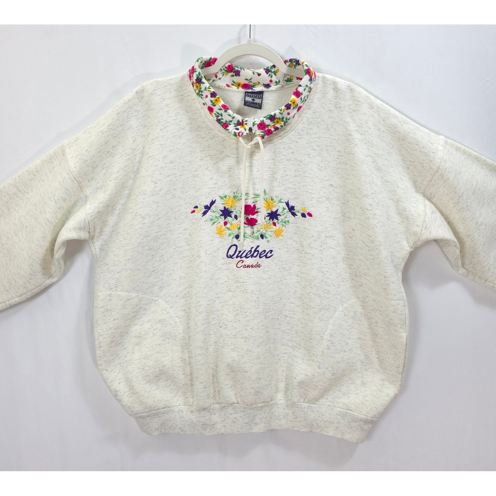 Floral Quebec Embroidered Cityscape Sweatshirt Oatmeal Womens L Cottagecore